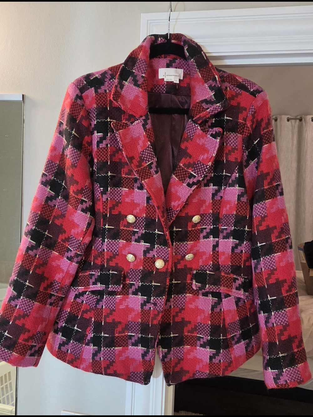 NWT, XL, Anthropologie Red and Pink Houndstooth Tweed Blazer with Gold Buttons - Picture 4 of 6